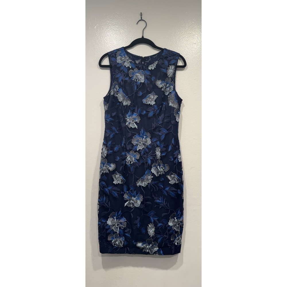 White House Black Market Embroidered Dress Petite 10P Blue Silver Mesh Sheath